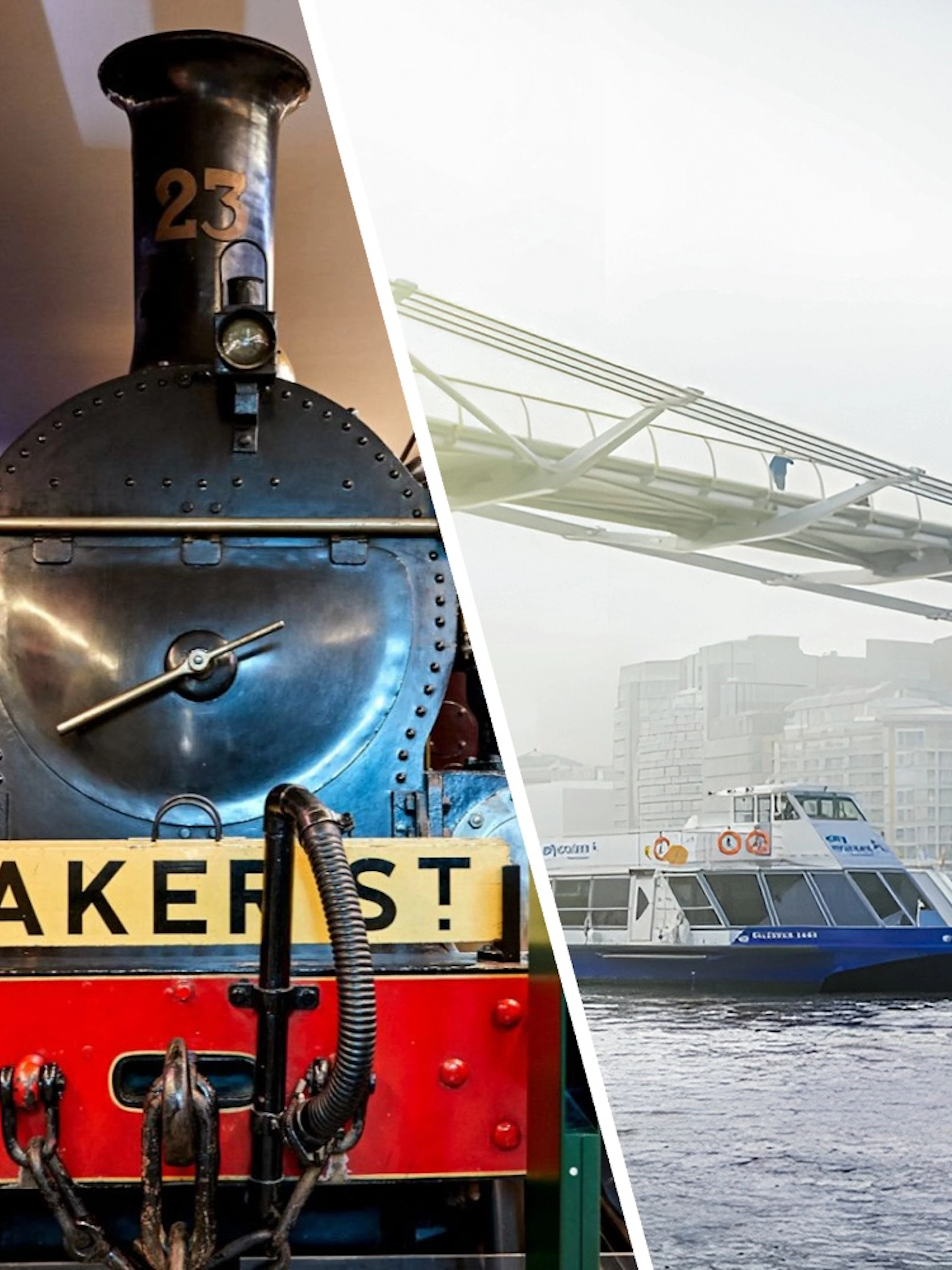 Steam locomotive at London Transport Museum and boat on River Thames under Millennium Bridge.