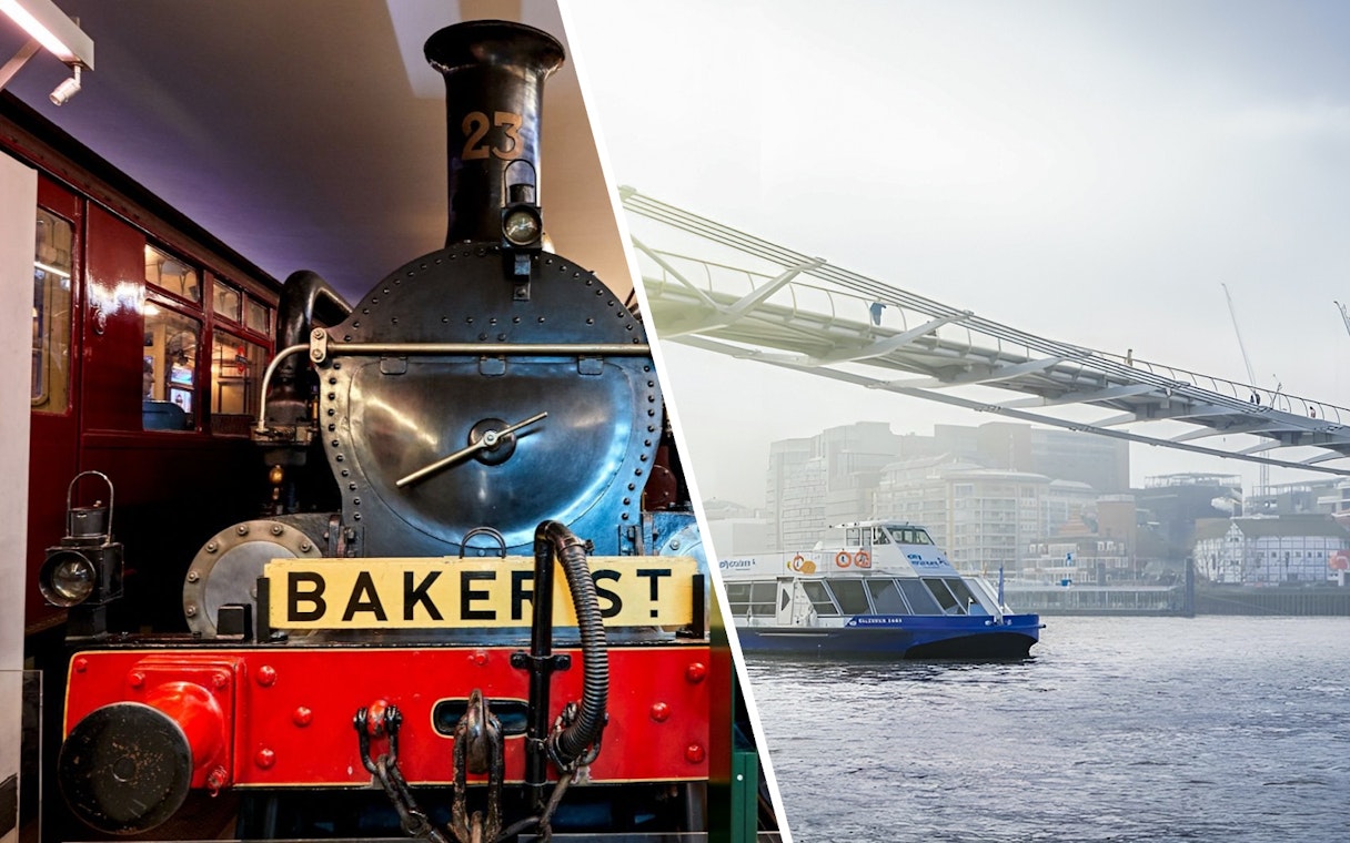 Steam locomotive at London Transport Museum and boat on River Thames under Millennium Bridge.