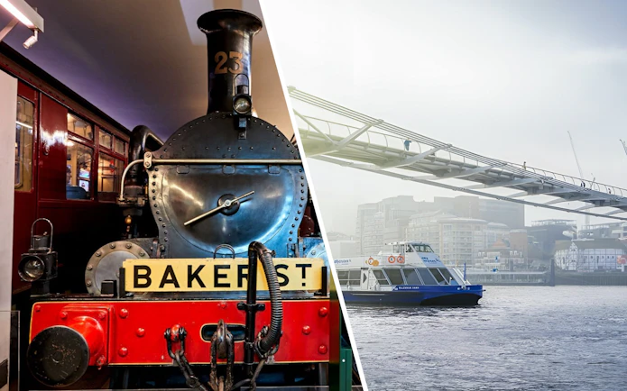 Steam locomotive at London Transport Museum and boat on River Thames under Millennium Bridge.