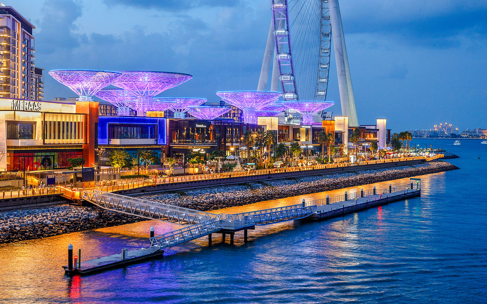 Ain Dubai wheel and illuminated waterfront promenade at dusk.