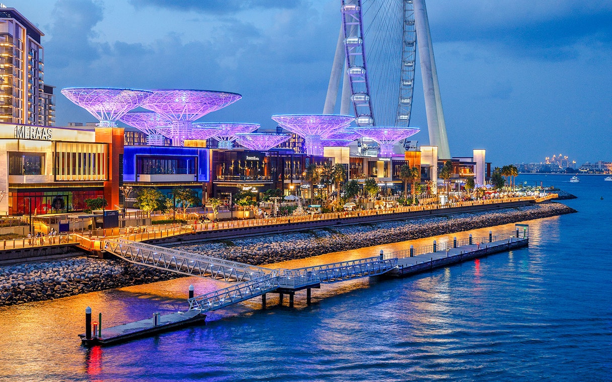 Ain Dubai wheel and illuminated waterfront promenade at dusk.