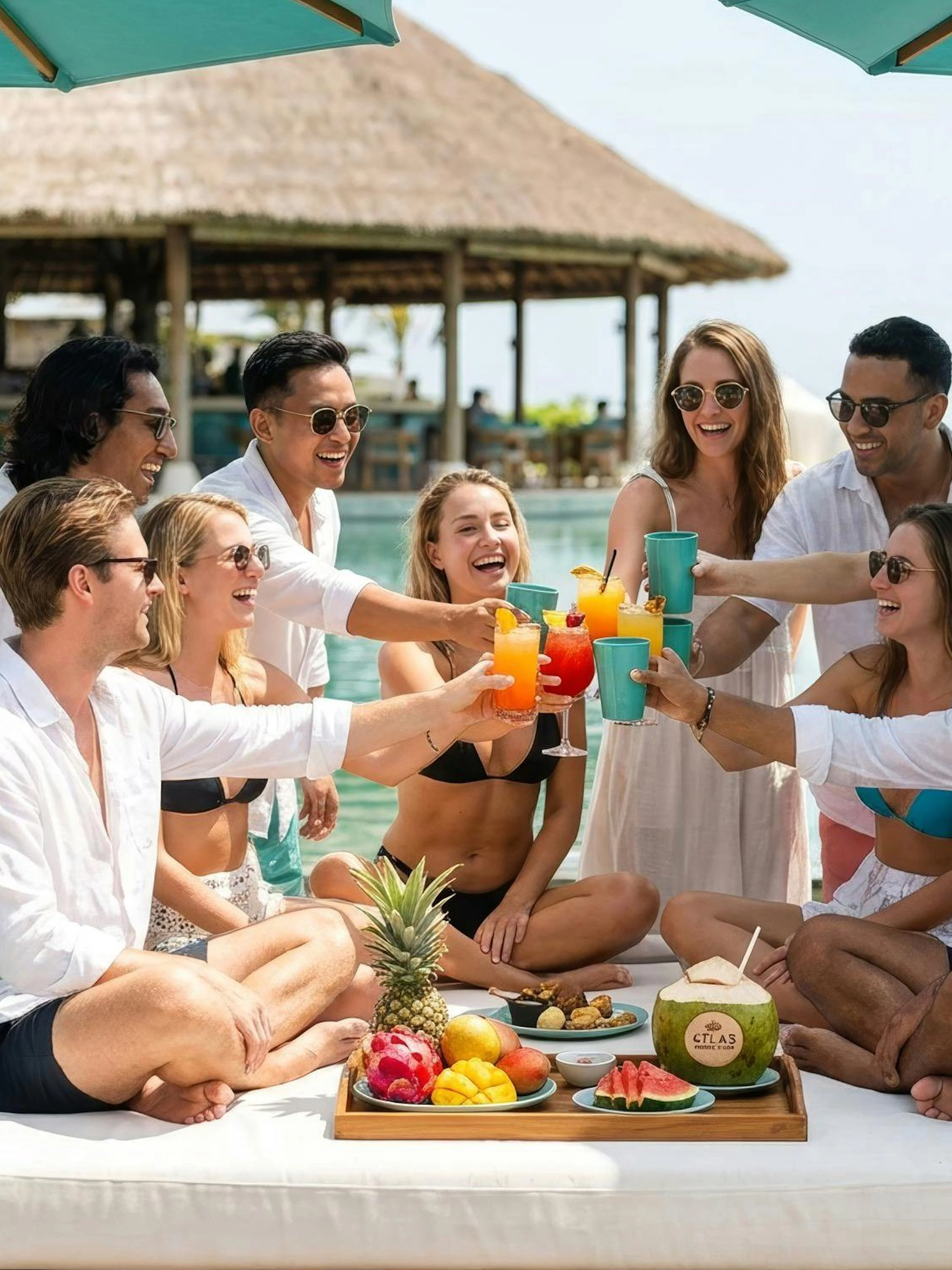 Group enjoying drinks at Atlas Beach Club VIP sofa by the pool.