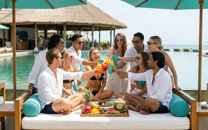 Group enjoying drinks at Atlas Beach Club VIP sofa by the pool.