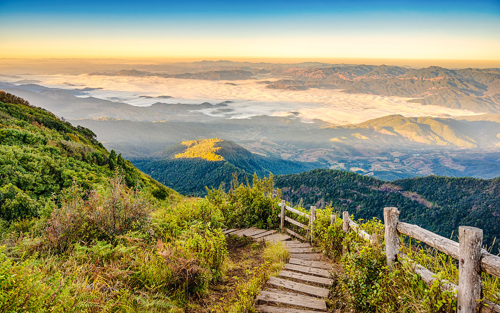 Wooden path along nature trails with mountain view, Doi Inthanon, Chiangmai, Thailand.
