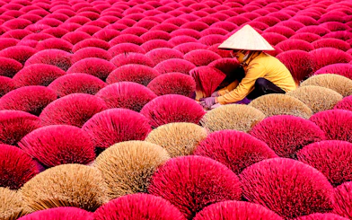 Worker arranging incense sticks in Hanoi's Incense Village.