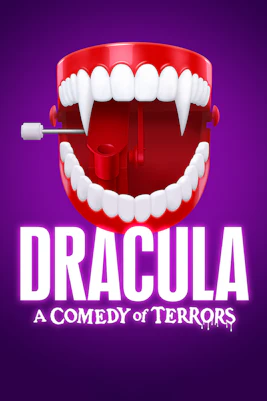 Wind-up vampire teeth with "Dracula: A Comedy of Terrors" text on purple background.