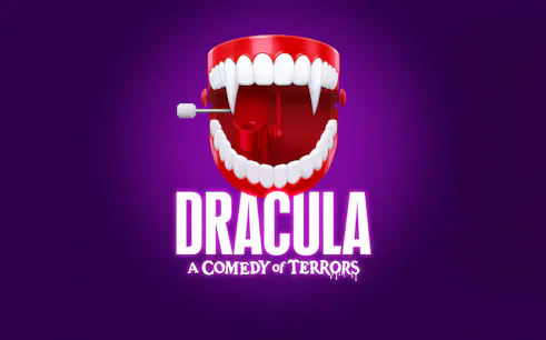 Wind-up vampire teeth with "Dracula: A Comedy of Terrors" text on purple background.