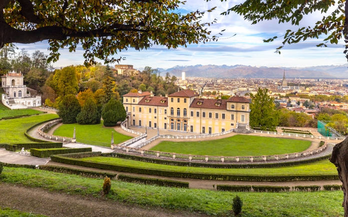 Historic villa and gardens overlooking Turin cityscape, Piemonte, Italy.