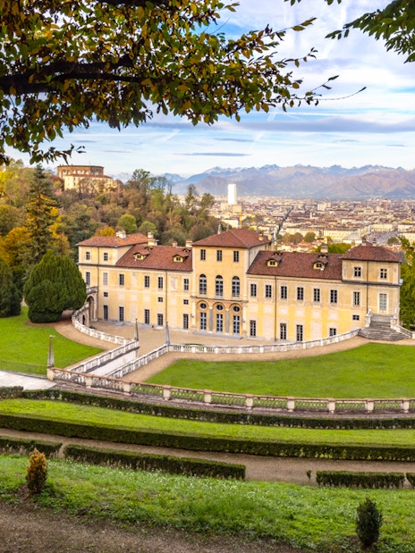 Historic villa and gardens overlooking Turin cityscape, Piemonte, Italy.
