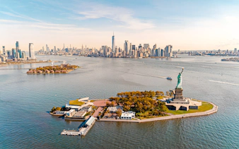 Statue of Liberty and Manhattan skyline from a New York helicopter tour.