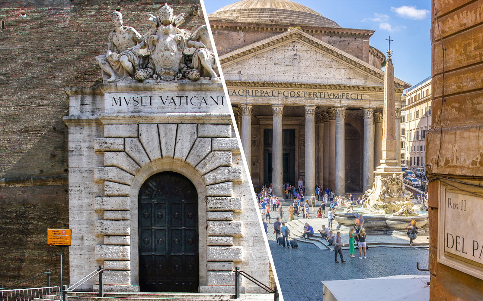Main entrance of the Vatican Museums and Pantheon in Rome.