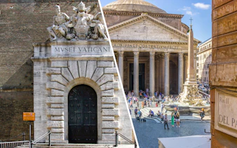Main entrance of the Vatican Museums and Pantheon in Rome.