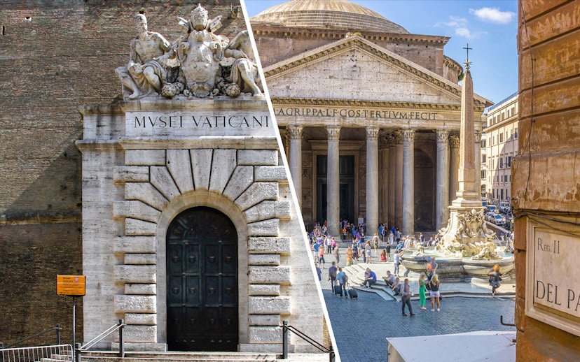 Main entrance of the Vatican Museums and Pantheon in Rome.
