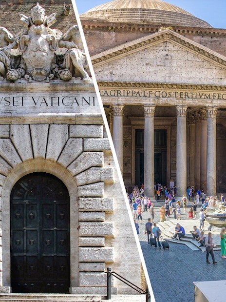 Main entrance of the Vatican Museums and Pantheon in Rome.