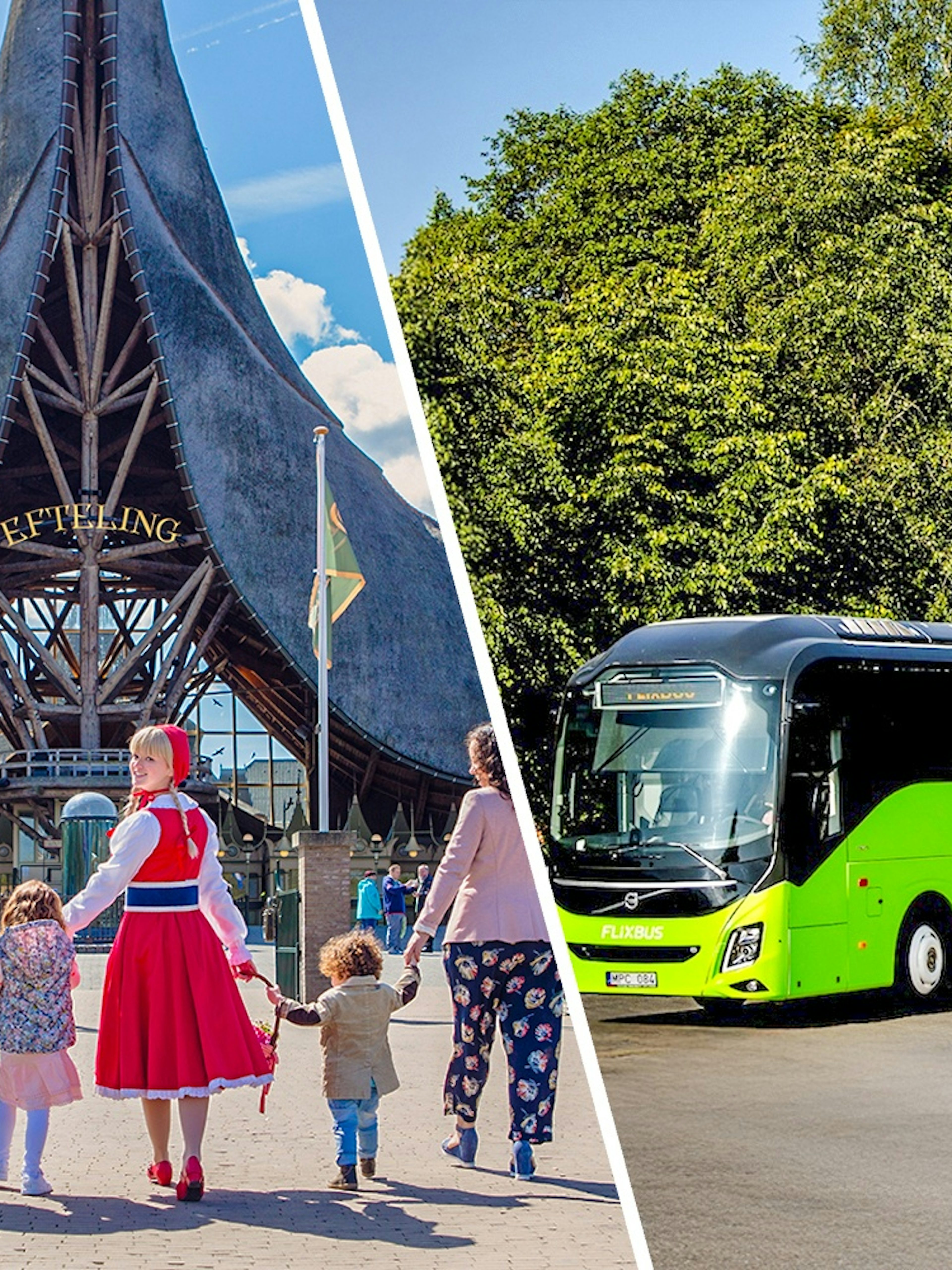 Efteling entrance with family and FlixBus for Amsterdam transport.
