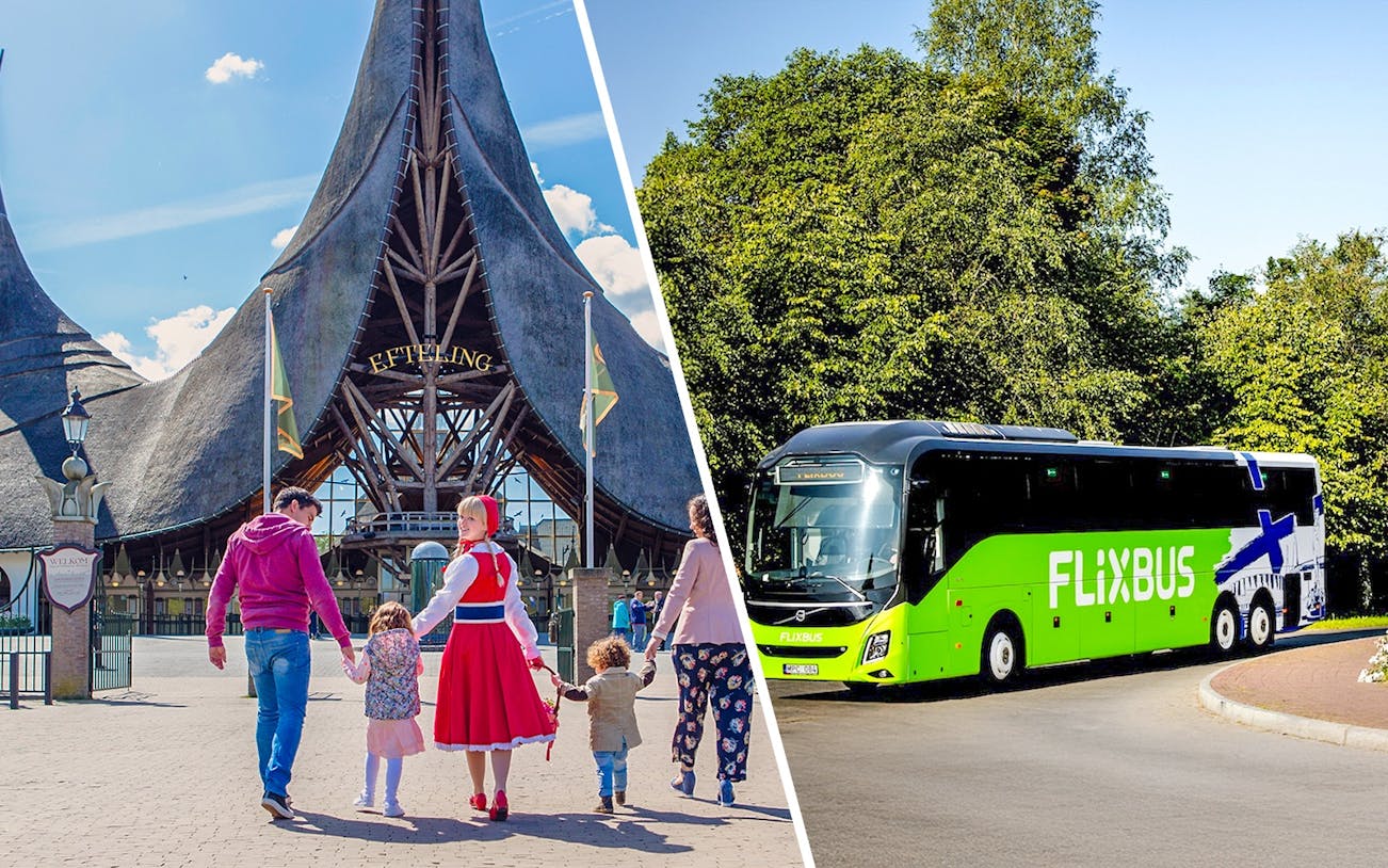 Efteling entrance with family and FlixBus for Amsterdam transport.