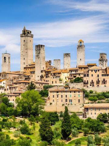 Medieval towers of San Gimignano in Tuscany, Italy, seen on Florence to Chianti tour.