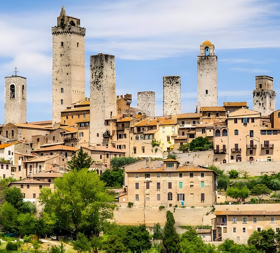 Medieval towers of San Gimignano in Tuscany, Italy, seen on Florence to Chianti tour.