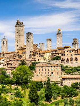 Medieval towers of San Gimignano in Tuscany, Italy, seen on Florence to Chianti tour.