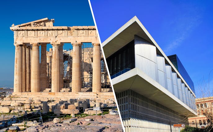 Acropolis and Parthenon with Acropolis Museum in Athens, Greece.