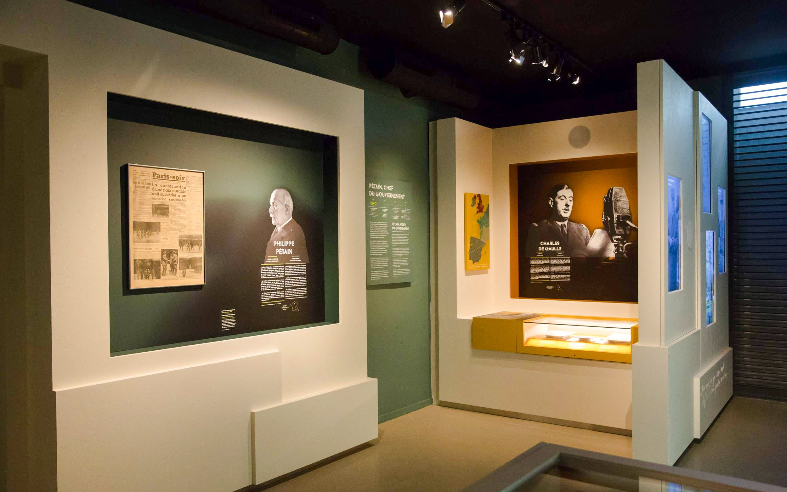 Exhibit featuring Philippe Pétain and Charles de Gaulle at Liberation Museum, Paris, France.