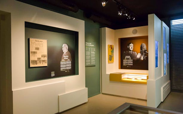 Exhibit featuring Philippe Pétain and Charles de Gaulle at Liberation Museum, Paris, France.