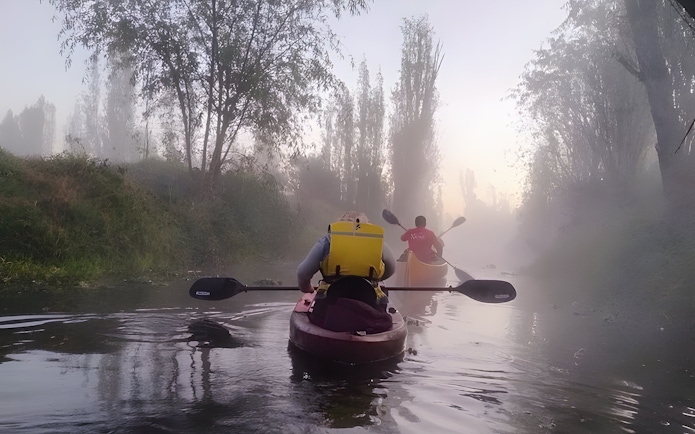 Kayaking at sunrise through misty canals in Xochimilco.