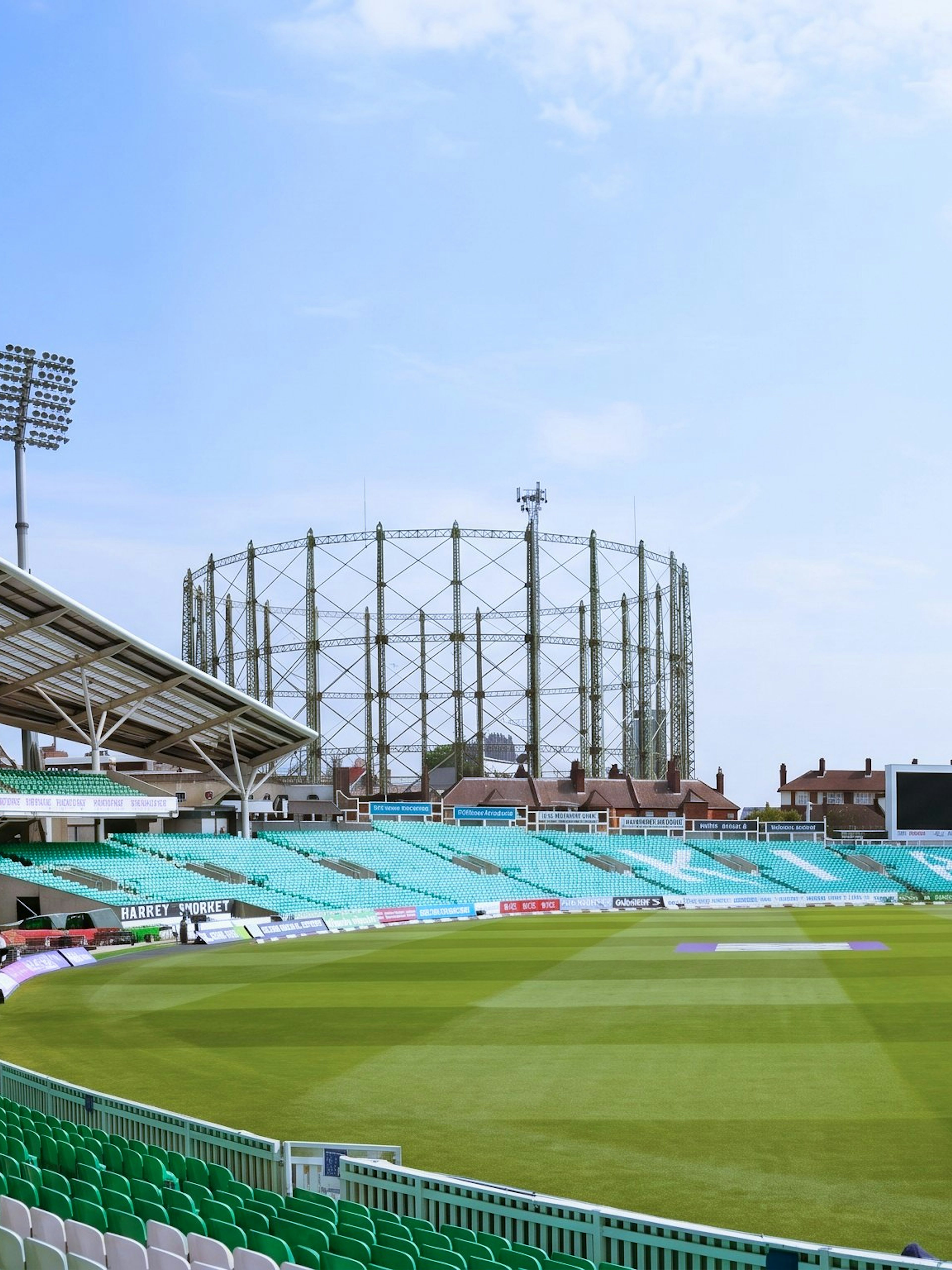Kia Oval Stadium in London with empty stands and cricket field.