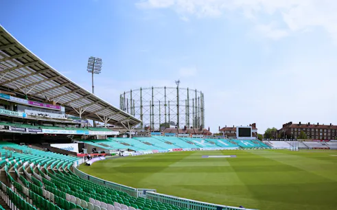 Kia Oval Stadium in London with empty stands and cricket field.