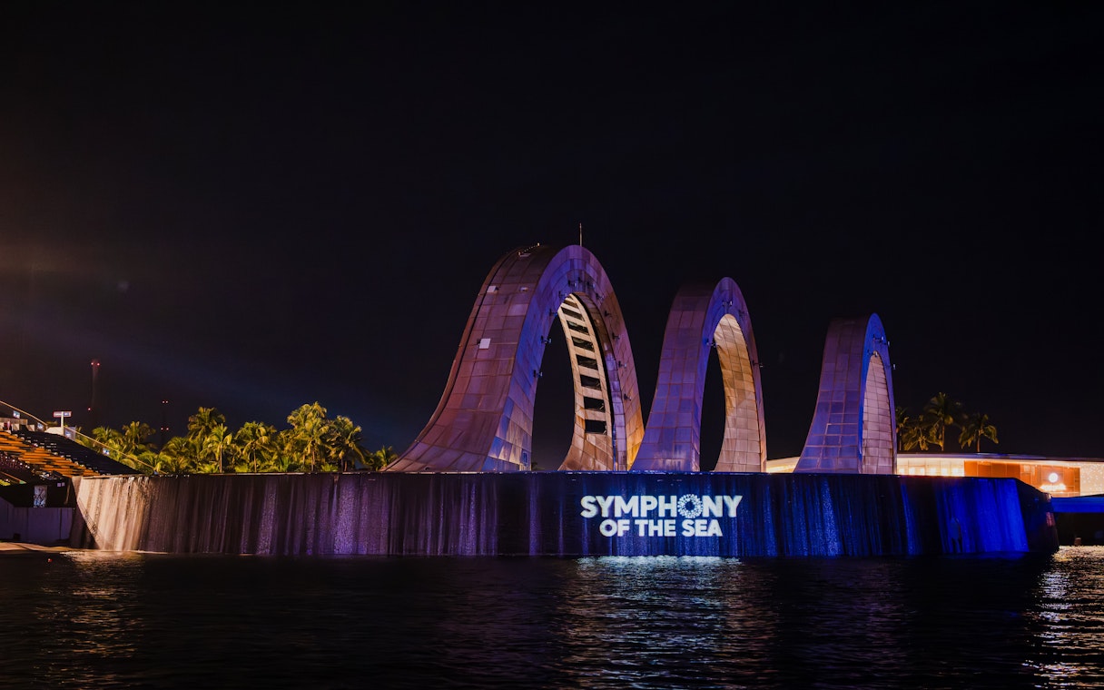 Exterior view of Symphony of the Sea with illuminated arches at night.