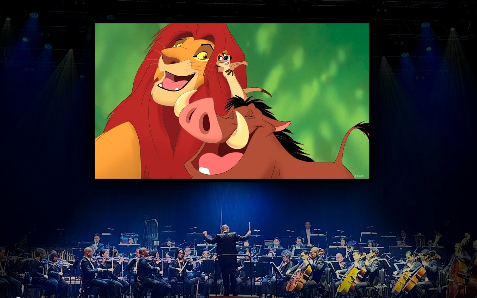 Orchestra performing with "Lion King" characters Simba, Timon, and Pumbaa on screen.