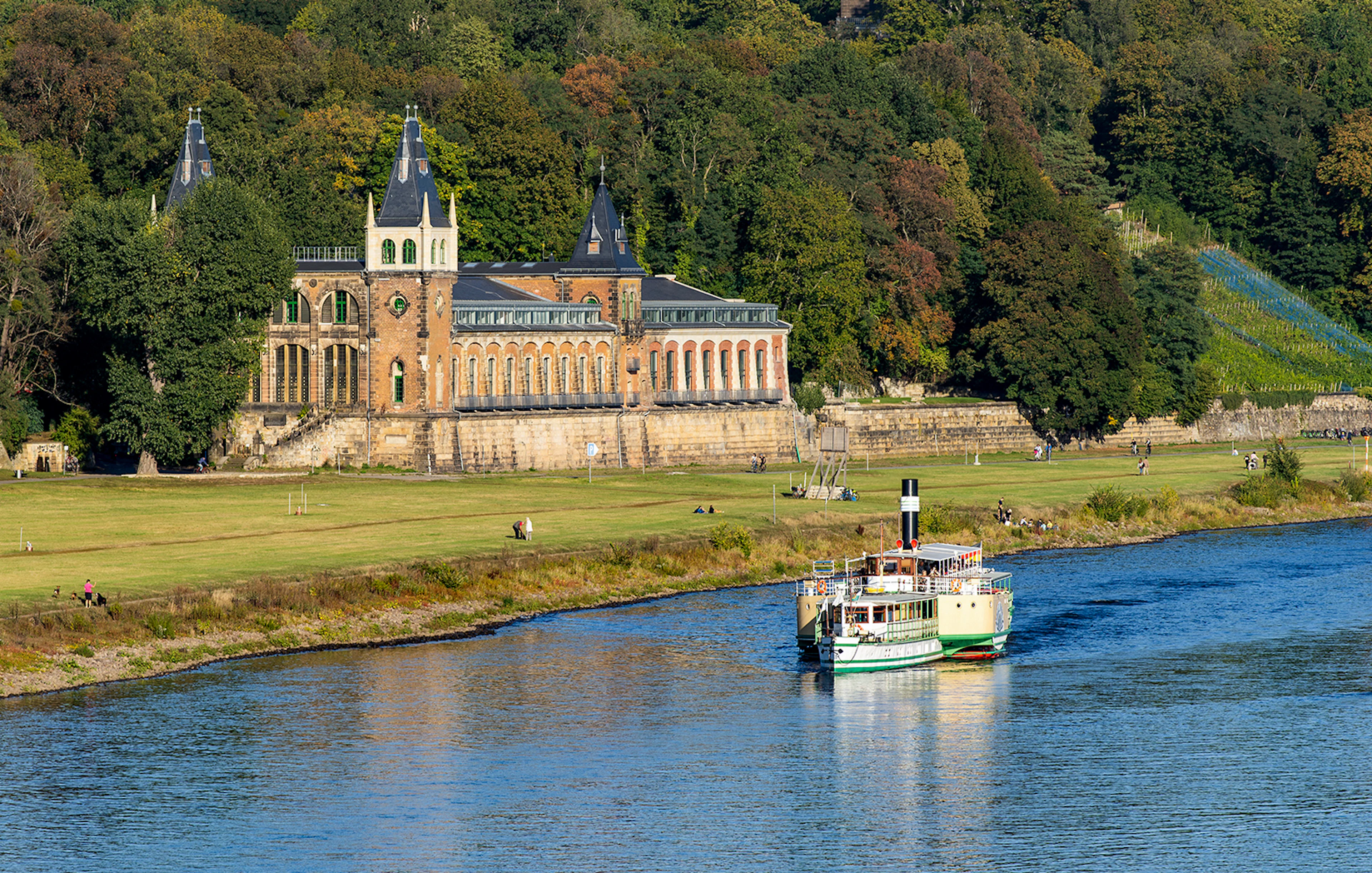 Steamboat cruising on the Elbe River near Pillnitz Castle, Dresden.