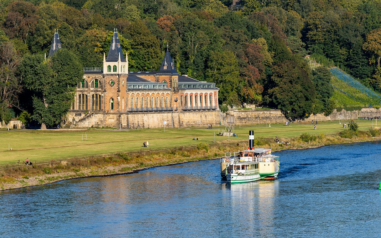 Steamboat cruising on the Elbe River near Pillnitz Castle, Dresden.