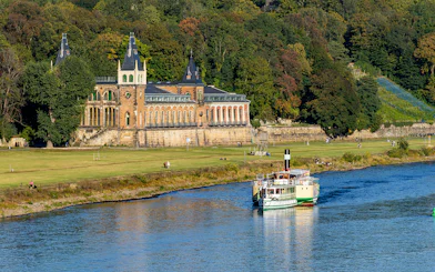 Steamboat cruising on the Elbe River near Pillnitz Castle, Dresden.