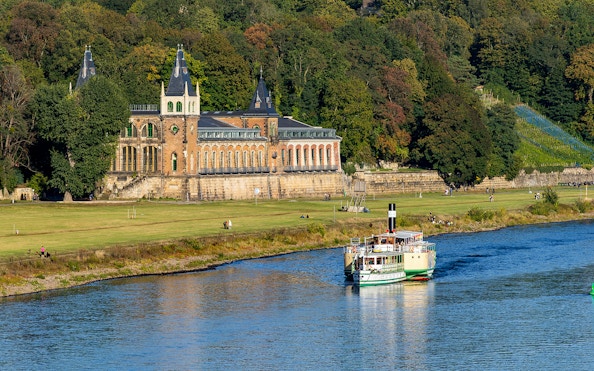 Steamboat cruising on the Elbe River near Pillnitz Castle, Dresden.