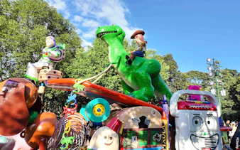 Toy Story characters on parade float at Shanghai Disneyland attraction.