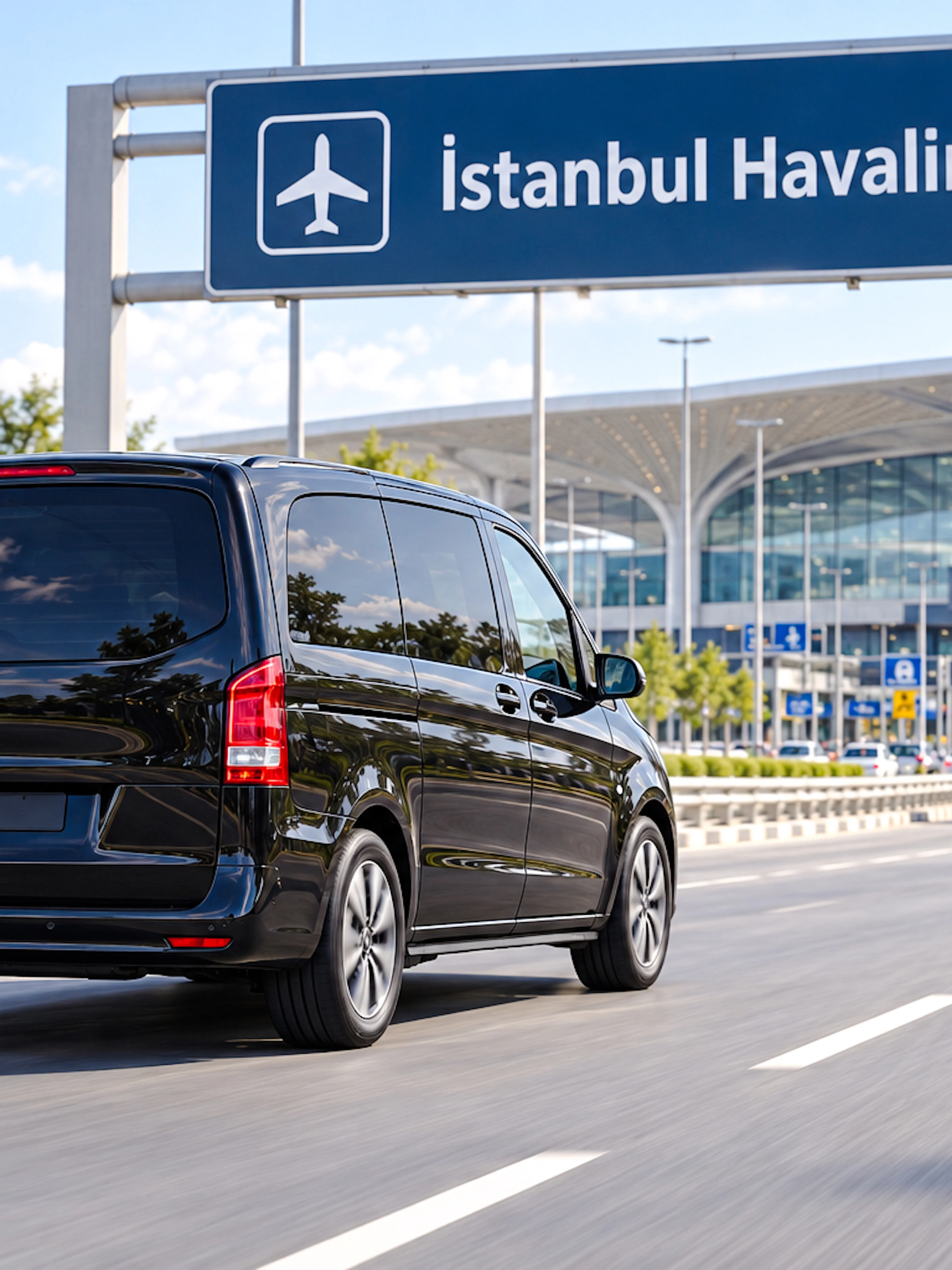 Private transfer van approaching Istanbul Airport terminal.