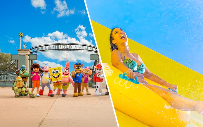 Woman enjoying a water slide at Aquopolis Villanueva, Madrid.