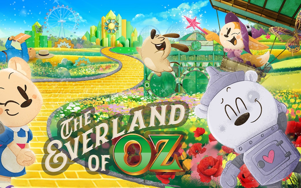 Characters on a yellow brick road with a cityscape and Ferris wheel in the background, The Everland of Oz.