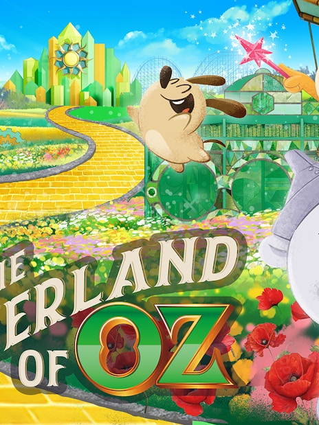 Characters on a yellow brick road with a cityscape and Ferris wheel in the background, The Everland of Oz.