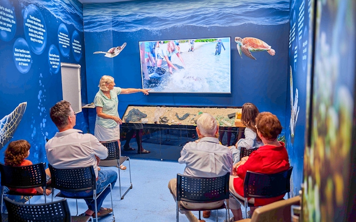 Visitors attending a presentation at Cairns Aquarium Turtle Hospital.
