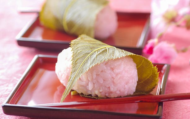 Sakura mochi wrapped in a cherry leaf on a red plate, Japan.