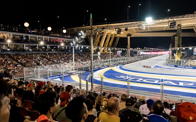Spectators watching F1 Singapore race from Turn 2 Grandstand.