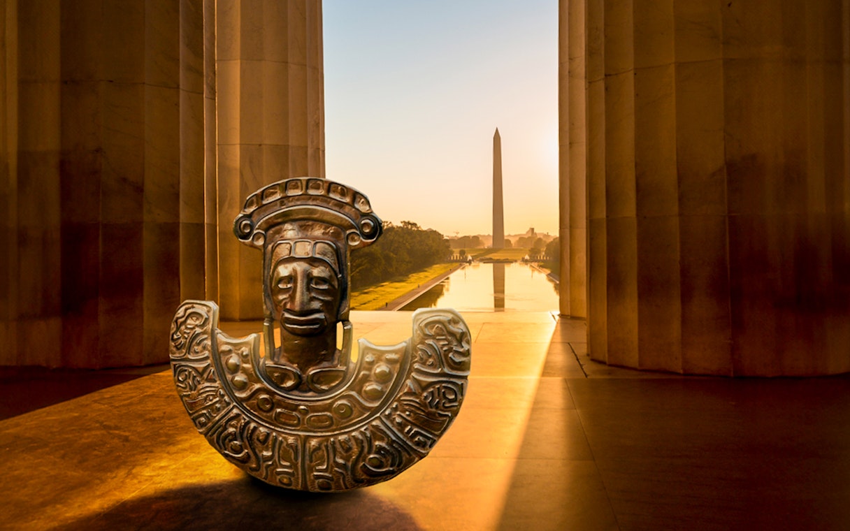 Ancient artifact with Washington Monument in the background, Machu Picchu Journey to the Lost City.