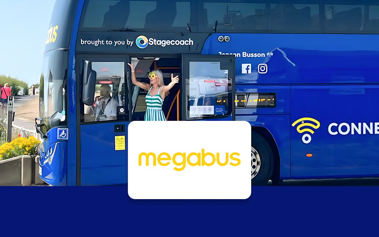 Megabus at London Luton Airport with passenger boarding.
