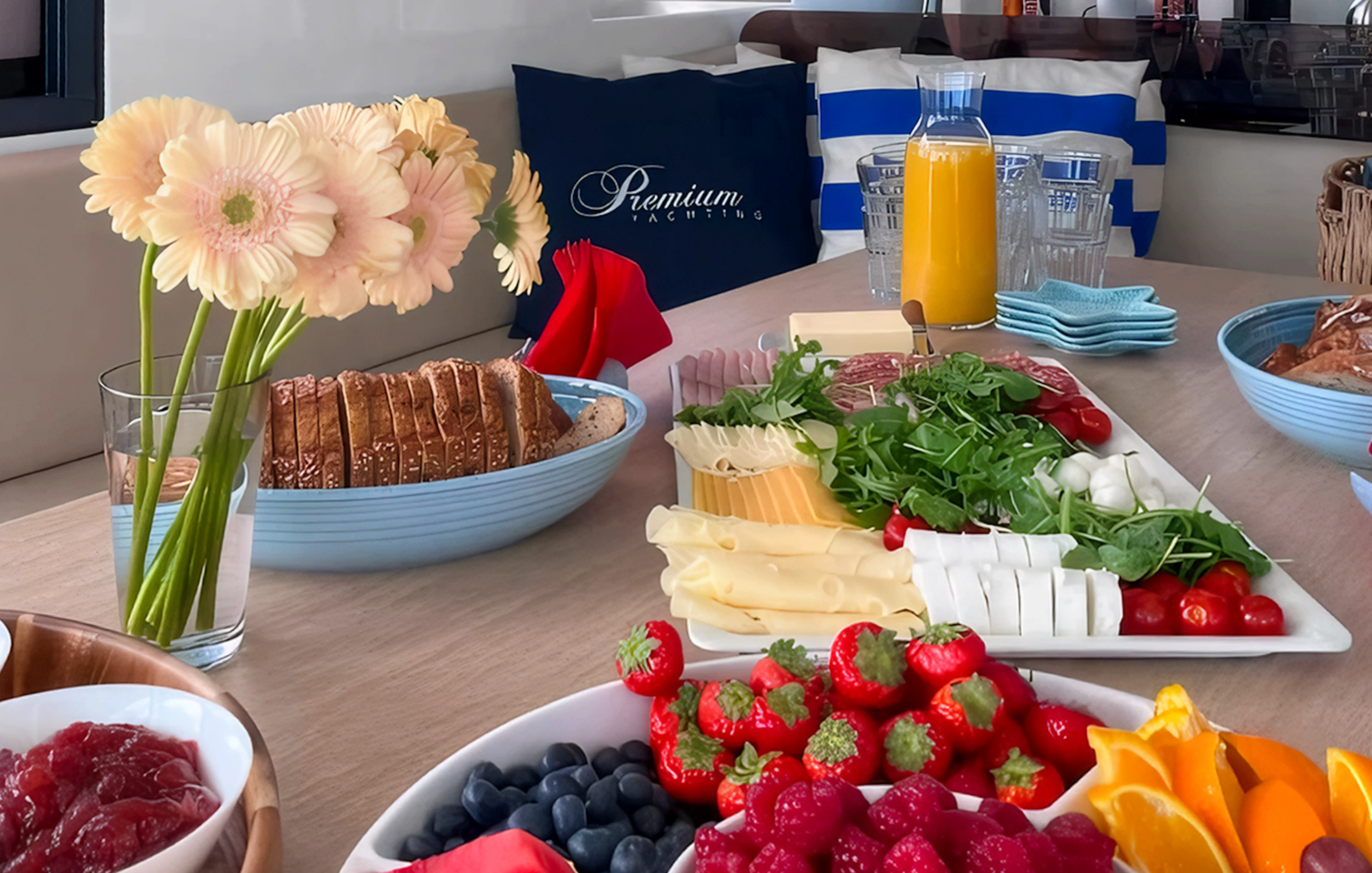 Breakfast spread with fruits, cheese, and juice on Sopot Cruise tour.