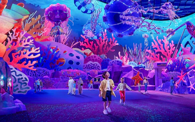 Children exploring vibrant coral displays at Aquarium at the Boardwalk, Sea World Abu Dhabi.