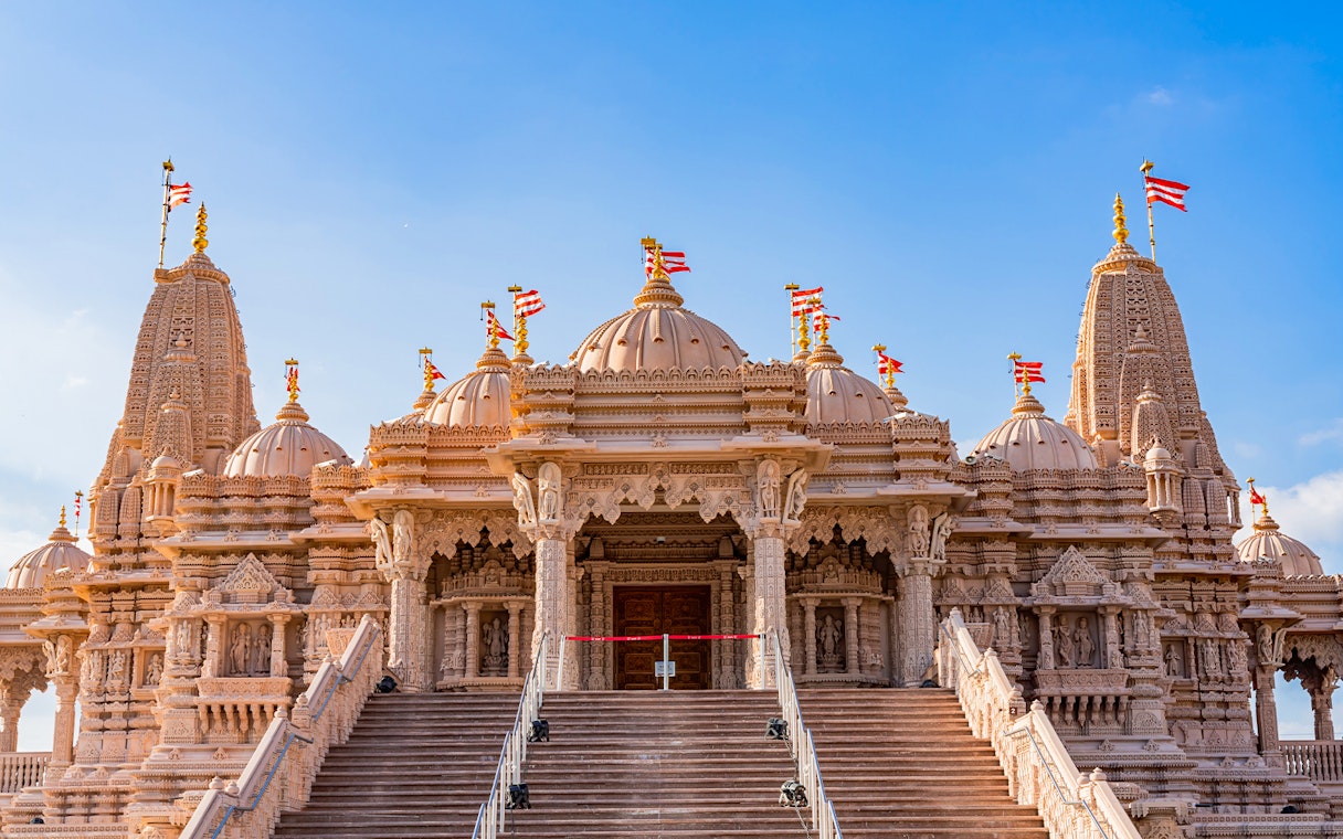 BAPS Hindu Temple with intricate carvings and domes, part of Dubai tour.