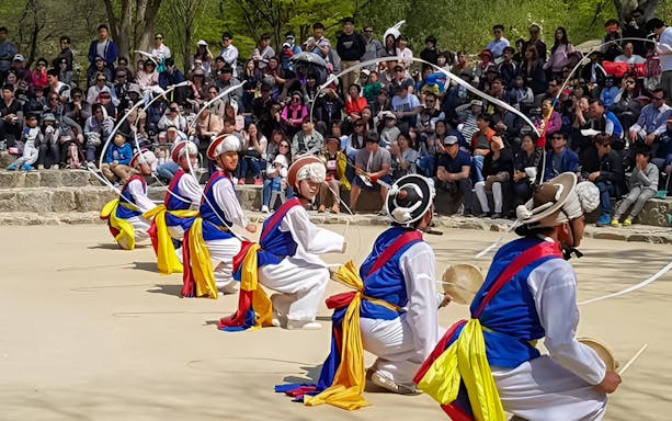 Traditional Korean dancers performing at Korean Folk Village near Seoul.