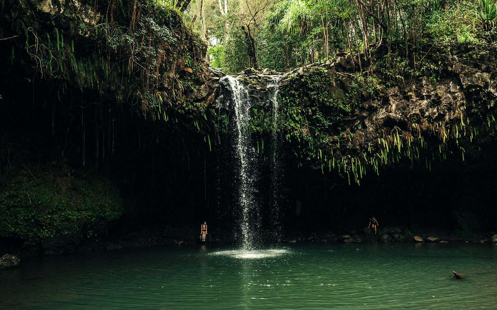 Waterfall cascading into a pool surrounded by lush greenery on Hana Highway, Maui, Hawaii.